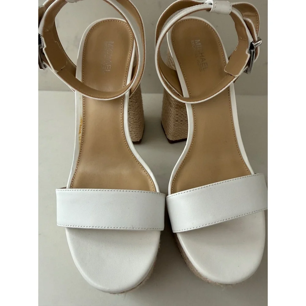 Michael Kors Ashton Platform Sandals Optic White Leather  Block Heel 7.5